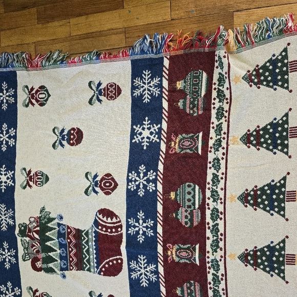 Reversible Christmas Holiday Throw Blanket Stocking Christmas Trees Ornaments - Picture 2 of 10